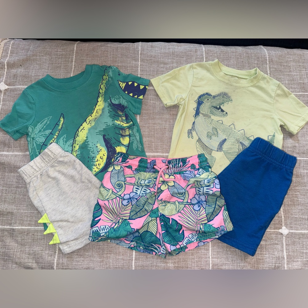 Carter’s iguana swim trunks and two Dino outfits